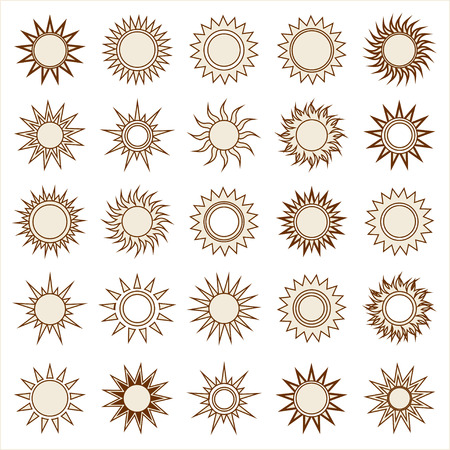 Big set of vintage summer shining suns on the sky, isolated over white. Sun icons collection.のイラスト素材