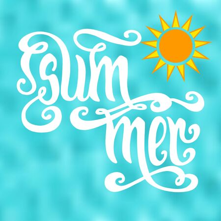 Hand drawn white word Summer and yellow sun over abstract blur blue background. Vector hand typography.のイラスト素材