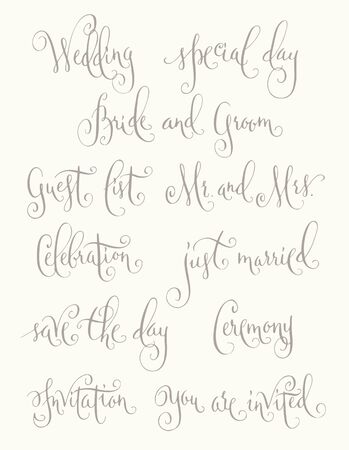 Set of wedding calligraphy words, vintage brown isolated over beige. Vector hand typography.のイラスト素材