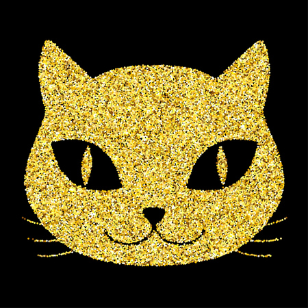 Gold glitter textured cat muzzle isolated over black background. Vector illustration design element.のイラスト素材