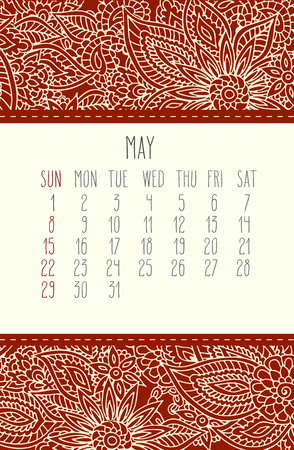 May 2016 vector calendar over red lacy doodle hand drawn background, week starting from Sunday.のイラスト素材