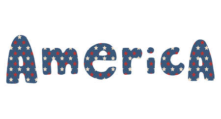 America. Vector American Independence Day hand drawn blue lettering with stars and stripes pattern, isolated over white background.のイラスト素材