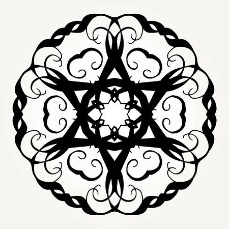 Ornate doodle round rosette in black over white backgrounds. Mandala formed with hand drawn calligraphic elements.のイラスト素材