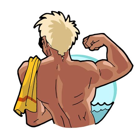 Blond man on vacation near the see with the beach towel. Hand drawn vector summer illustration isolated over white.のイラスト素材
