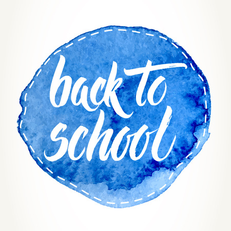 Back to school words hand written by brush, white over dashed blue watercolor circle.のイラスト素材