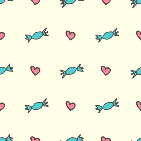 Sweet vector hand drawn romantic hearts and candies seamless pattern over beige background.のイラスト素材