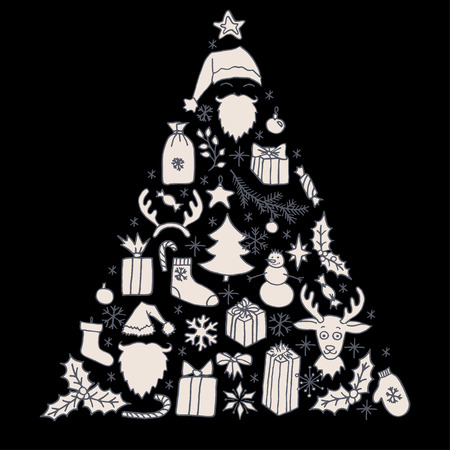 Set of Christmas hand drawn doodle elements forming a triangle in gray and white over black. Santa, Christmas tree, reindeer, snowman, snowflakes, gifts, decorations, holly, candle, stars.のイラスト素材