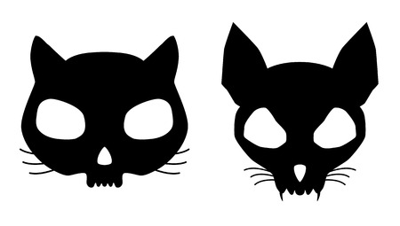 Set of funny evil cat skulls silhouettes in black and white.のイラスト素材