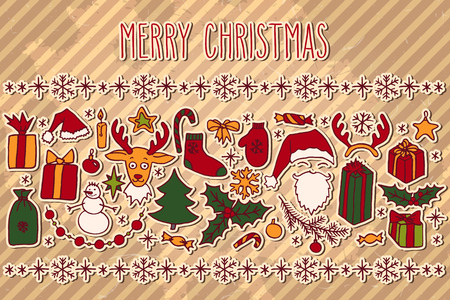 Christmas hand drawn paper doodle card with hand written greetings over vintage brown striped background.のイラスト素材