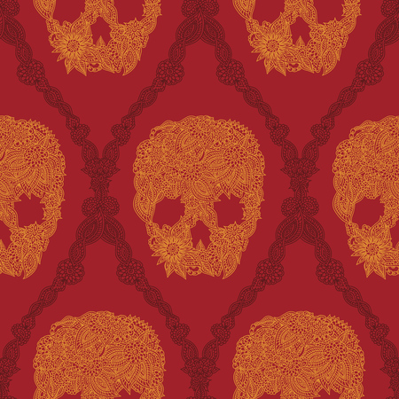 Doodle floral skulls damask seamless pattern in bright orange over red. Halloween skull seamless pattern.のイラスト素材