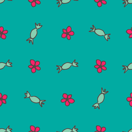 Hand drawn sweet flowers and candies vector seamless pattern over teal background.のイラスト素材
