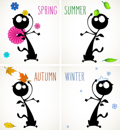 Set of four cards with funny black cat in different seasons, room for your text.のイラスト素材