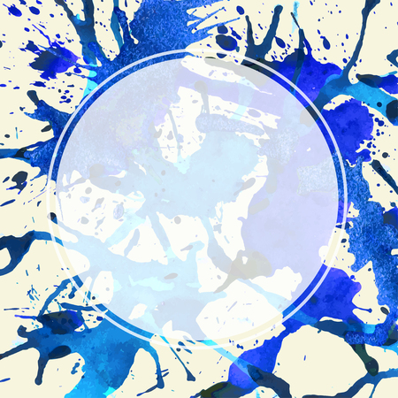 Template with semi-transparent white circle over bright blue colorful artistic paint splashes, ready for your text.のイラスト素材
