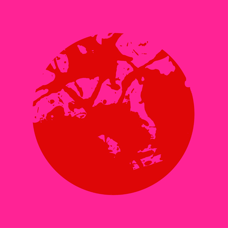 Bright red colorful artistic paint splashes in a circle over hot pink background.のイラスト素材