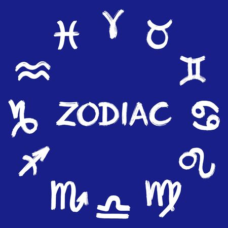 Collection of hand drawn zodiac signs forming a circle. Vector graphics astrology set. Brush illustration in white over blue.のイラスト素材