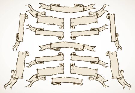 Vintage hand drawn ribbon banners vector collection. Set of folded light brown ribbons over white background.のイラスト素材
