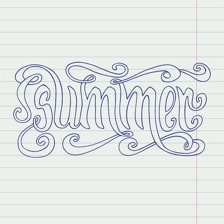 Hand drawn blue word Summer over lined notebook page background.のイラスト素材