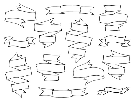 Vintage hand drawn ribbon banners vector collection. Big set of folded black outline ribbons isolated over white background.のイラスト素材