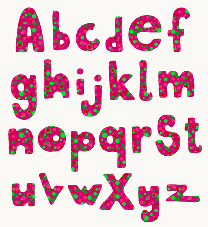 Full set of hand drawn fat cartoon letters in bright pink and green summer colors.のイラスト素材