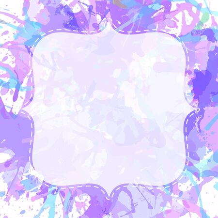 Template with semi-transparent white vintage frame over pastel colored light purple artistic paint splashes.のイラスト素材
