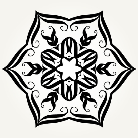 Ornate doodle round rosette in black over white backgrounds. Mandala formed with hand drawn calligraphic elements.のイラスト素材