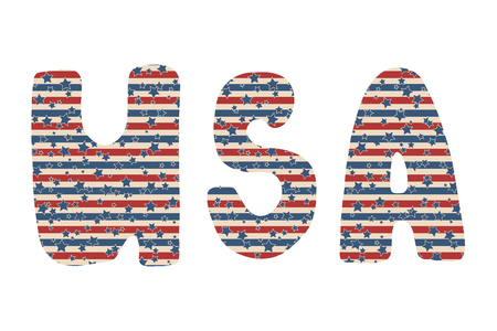 USA. Vector American Independence Day hand drawn lettering with stars and stripes pattern, isolated over white background.のイラスト素材