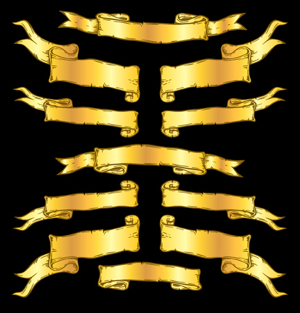 Vintage hand drawn ribbon banners vector collection. Set of golden folded ribbons over black.のイラスト素材