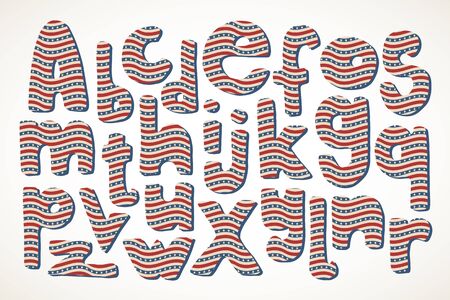 Full set of hand drawn letters in American patriotic stars and stripes pattern in vintage colors, isolated over white.のイラスト素材