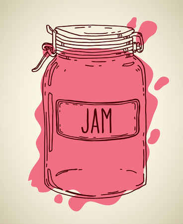 Hand drawn illustration with vintage pink jam glass jar. Colored vector sketch.のイラスト素材
