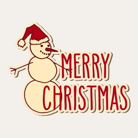 Hand drawn doodle greeting card with snowman and Merry Christmas words. Vector illustration isolated over white.のイラスト素材