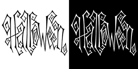 Set of hand drawn Halloween holiday greetings in black and white. Contemporary hand lettering with Halloween word.のイラスト素材