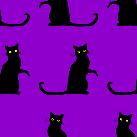 Traditional Halloween seamless pattern with scary black cats over purple background.のイラスト素材