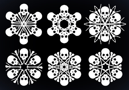 Set of vector silhouette snowflakes made of skulls and bones in white isolated over black background.のイラスト素材