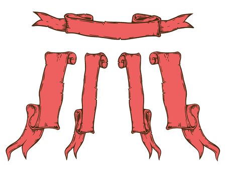Vintage hand drawn red ribbon banners vector collection. Set of folded ribbons isolated over white background.のイラスト素材