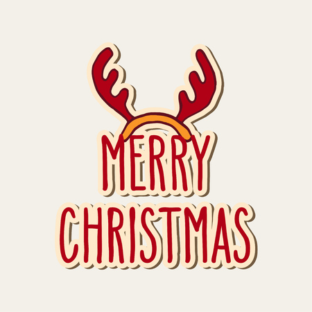 Hand drawn doodle greeting card with deer antlers and Merry Christmas words. Vector illustration isolated over white.のイラスト素材