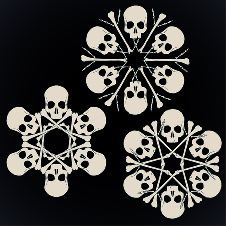 Set of vector snowflakes made of skulls and bones in beige isolated over black background.のイラスト素材
