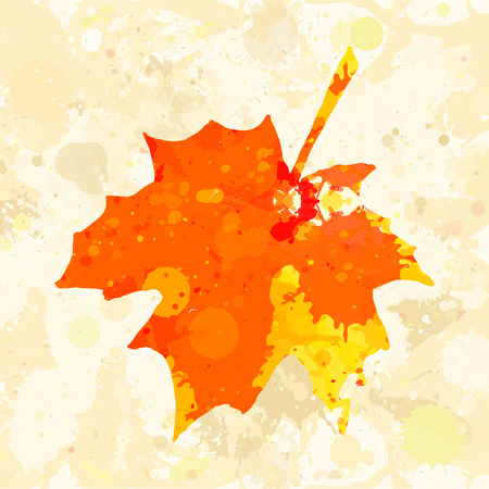 Bright orange watercolor autumn maple leaf over beige splatter background.のイラスト素材