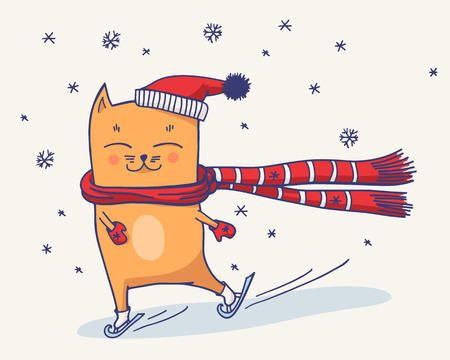 Merry Christmas greeting card with cute skating red cat in a striped scarf. Winter sports. Vector illustration with hand drawn doodle kitty, mittens and snowflakes.のイラスト素材