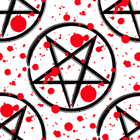 Pentagram  pattern, brush drawing magic occult star symbol with red blood drops.のイラスト素材