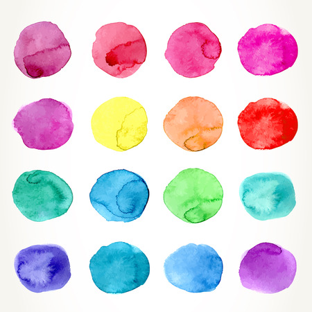 Hand drawn colorful watercolor circles, isolated over white.のイラスト素材