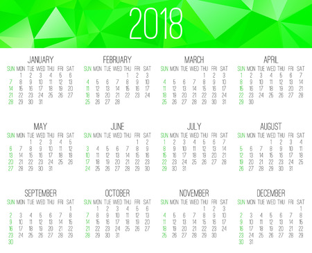 Year 2018 vector monthly calendar. Week starting from Sunday. Contemporary low poly design in green color.のイラスト素材