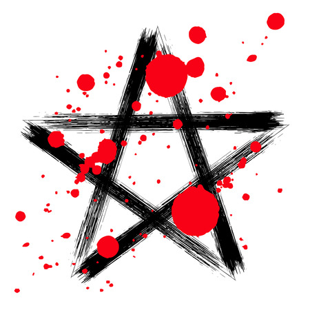 Pentagram icon, brush drawing magic occult star symbol with blood drops. Vector illustration in black isolated over white.のイラスト素材
