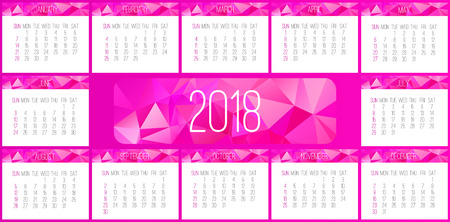 Year 2018 vector monthly calendar. Week starting from Sunday. Contemporary low poly design in pink color.のイラスト素材