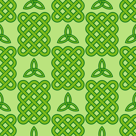 Traditional green celtic style braided knots and triquetra symbol seamless pattern. Irish St. Patrick's day vector background.のイラスト素材