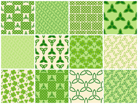 Traditional green celtic style braided knots, triquetra symbols and clover leaves seamless patterns set. Irish St. Patrick's day vector backgrounds.のイラスト素材