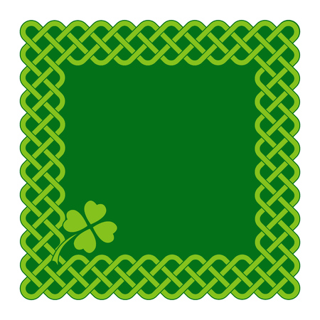 Traditional green celtic style braided knot frame with clover leaf. Irish St. Patrick's day vector background.のイラスト素材