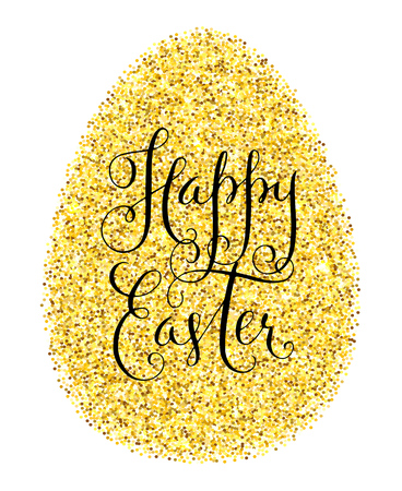 Happy Easter gold glitter greeting card. Shining egg and hand lettering vector illustration isolated over white.のイラスト素材