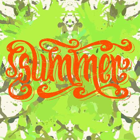 Hand drawn textured word Summer over bright green colorful artistic paint splashes.のイラスト素材