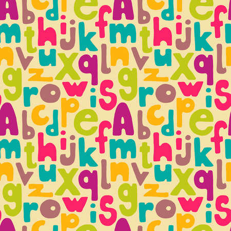 Bold cartoon hand drawn letters seamless pattern. Vector background illustration in bright retro colors.のイラスト素材