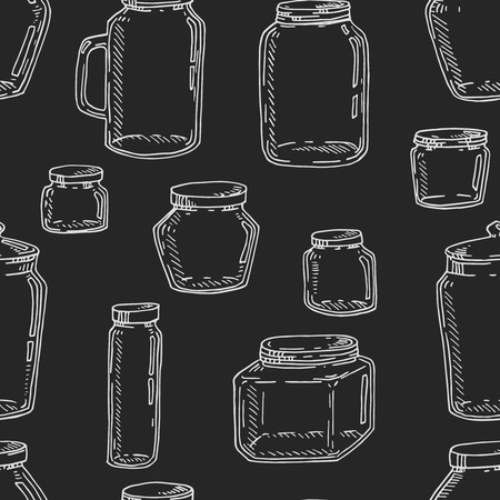 Vector hand drawn vintage jars seamless pattern in white over black. Contour sketch illustration background.のイラスト素材